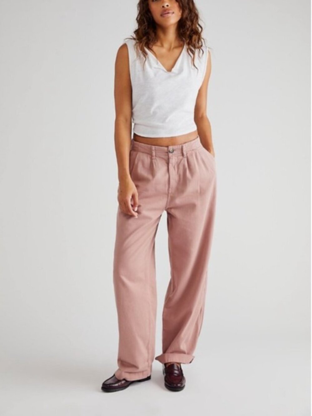 Free People Womens Addy Low Rise Baggy Chino Pants Roan Rouge Mauve Sz 0